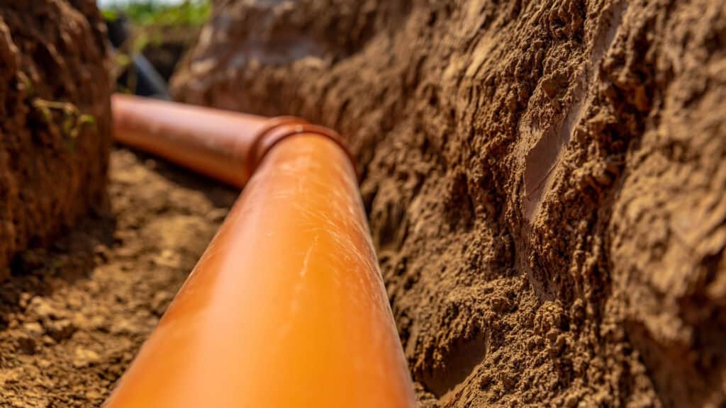 Przyłącza wodno kanalizacyjne, montaż szama - rura kanalizacyjna zakopana w ziemi